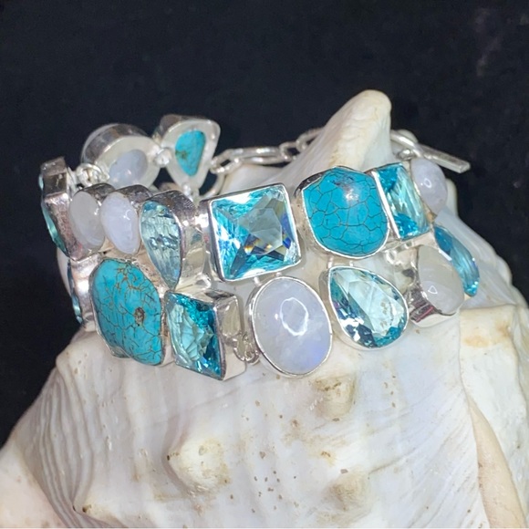 Gorgeous Tibetan Turquoise + Moonstone + Blue Topaz statement cuff bracelet - Picture 1 of 14